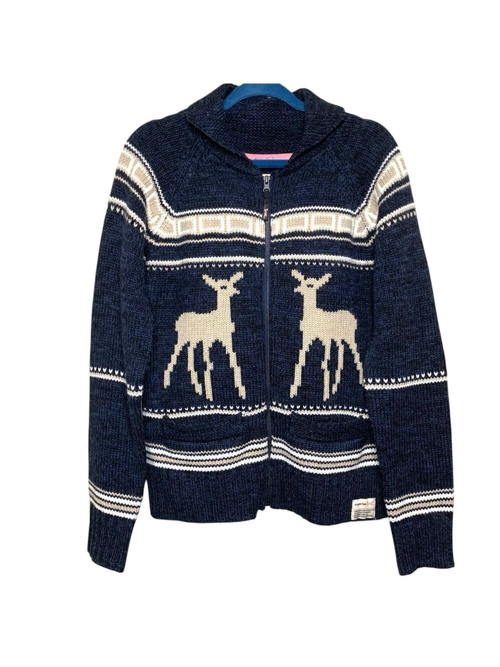 VTG Cowichan Nordic Zip-Up Knit Sweater Blue Fair isle Reindeer XL "Real S/M"